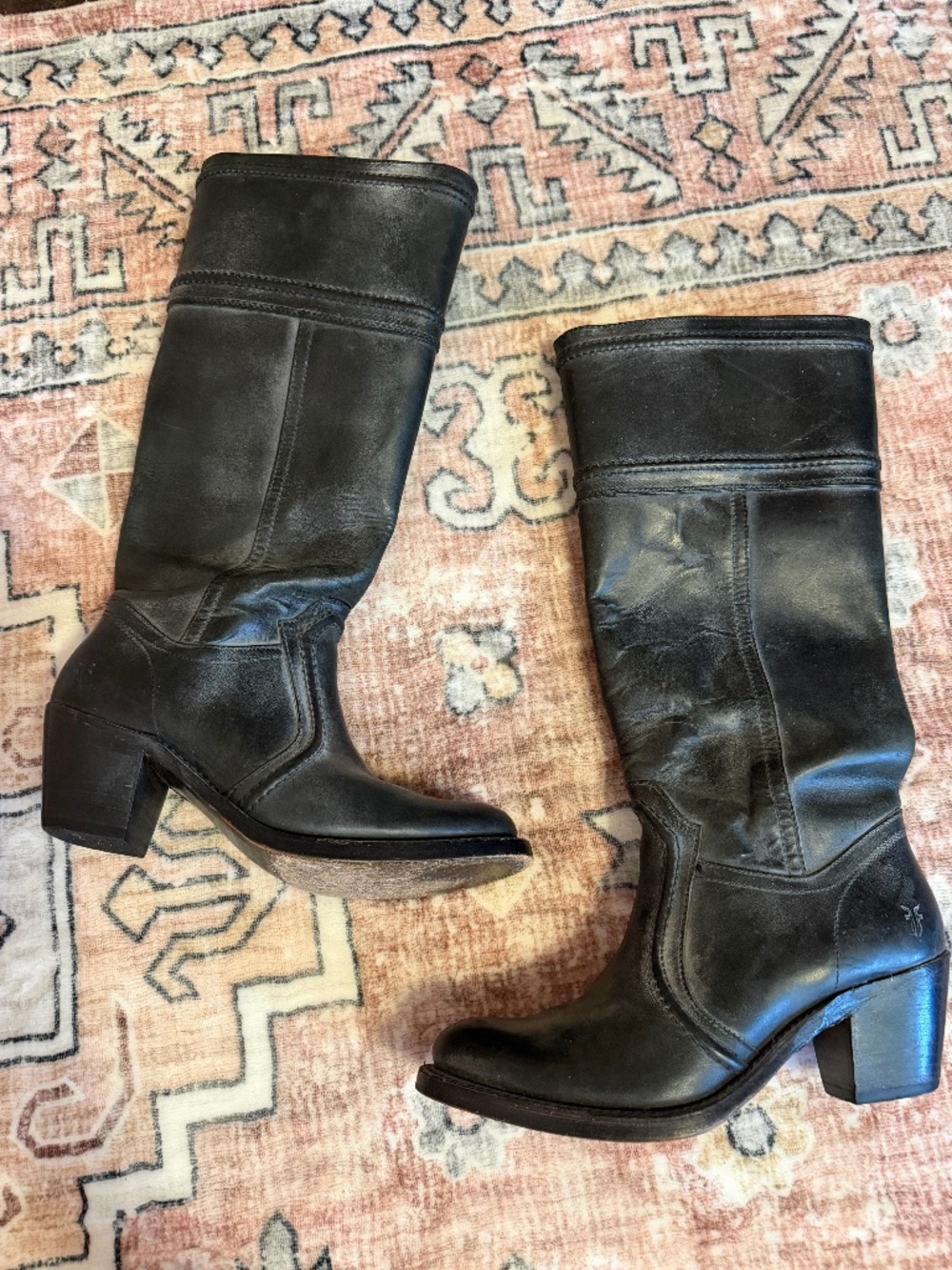 Frye Black Leather Mid-Calf Heeled Boots